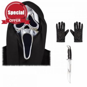 Adult Official Scream Ghost Face Silver Chrome Mask with Hood + Black Gloves + Bowie Knife : Mens Womens Unisex Halloween Horror Film Fancy Dress Accessory Se