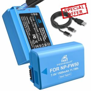 Homesuit NP-FW50 Replacement Battery 1500mAh and 2 in 1 USB-C Charging Cable for Sony A6500/A6400/A6300/A6000/A5000/A5100/zv-e10/A7/A7II/A7R/A7RII/A7SII/A7S/A7R/A7R2/A55/RX10/RX10II/NEX-3/5/7 Camera