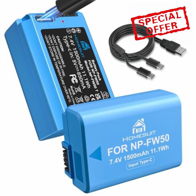 Homesuit NP-FW50 Replacement Battery 1500mAh and 2 in 1 USB-C Charging Cable for Sony A6500/A6400/A6300/A6000/A5000/A5100/zv-e10/A7/A7II/A7R/A7RII/A7SII/A7S/A7R/A7R2/A55/RX10/RX10II/NEX-3/5/7 Camera