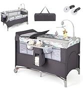 GYMAX 5 in 1 Folding Travel Cot, Portable Baby Bed Playard with Diaper Changer, Music Box, Mattre...