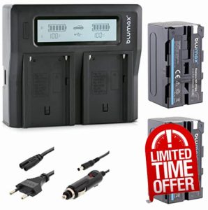 2 x Blumax Battery NP-F750 / NP-F550-5200 mAh + Dual LCD Charger Compatible with Sony NP-F570 NP-F970 NP-F990 for Flashes Video Lights Field Monito