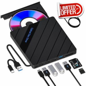 8-in-1 External CD DVD Drive for Laptop USB 3.0 Type-C Slim Portable Player CD DVD RW Burner Writer Reader with SD/TF Slot & 4 USB Ports