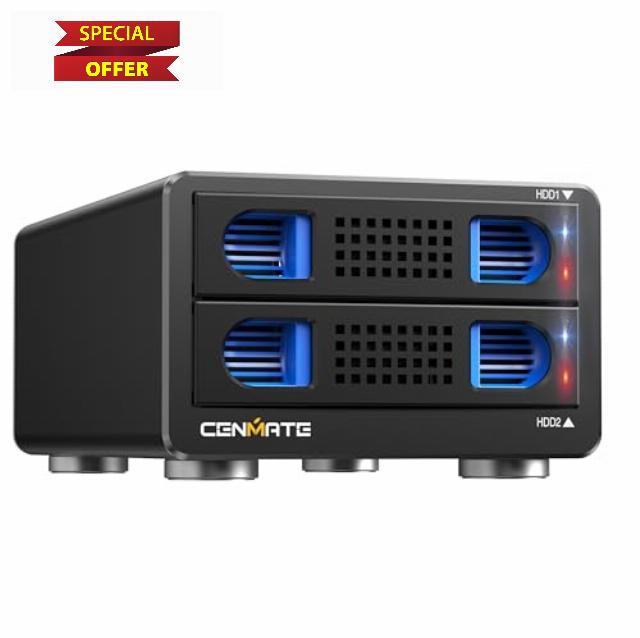 CENMATE Aluminum Dual Bay Hard Drive RAID Enclosure with Cooling Fan for 2.5“/3.5" SATA HDD/SSD with USB A/C 3.0