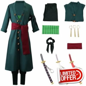 Suffolly Zoro Adult Costume Dark Green Costume with Accessories Anime Character Cosplay Halloween Party Outfit for Men Full Se