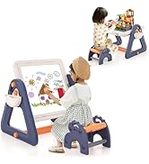 COSTWAY Kids Art Table and Chair Set, Double-Sided Easel with Magnetic Whiteboard & Chalkbord, Bo...