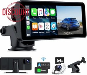 LAMTTO Portable Car Stereo for Wireless Carplay with 2.5K Dash Cam Front and Rear