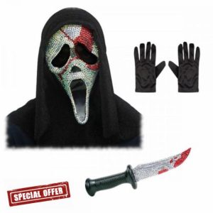 Adult Official Scream Ghost Face Bloody Bling Mask with Hood + Black Gloves + Bling Knife : Mens Womens Unisex Halloween Horror Film Fancy Dress Accessory Se