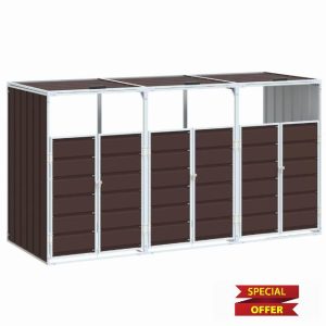 idaXL Wheelie Bin Storage for Triple Bins - Brown Steel Garden Trash Cover with Ventilation and Efficient Lid Mechanism - Expandable Design 216x81x115cm