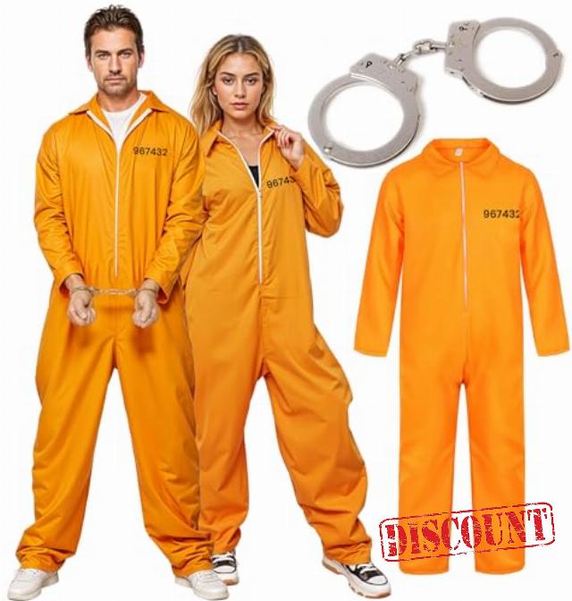 The Fancy Dress Unisex Mens Prisoners Convict Costume With Hand Cuffs - Adults Womens orange prison Overall jumpsuit Halloween Costumes UK