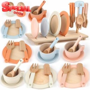 Wooden Tea Set for Toddlers Toy Kitchen Accessories 27 PCS Kids Pots Pans Playset Wooden Play Food for Toddlers Baby Montessori Toys for 1 2 3+ year old
