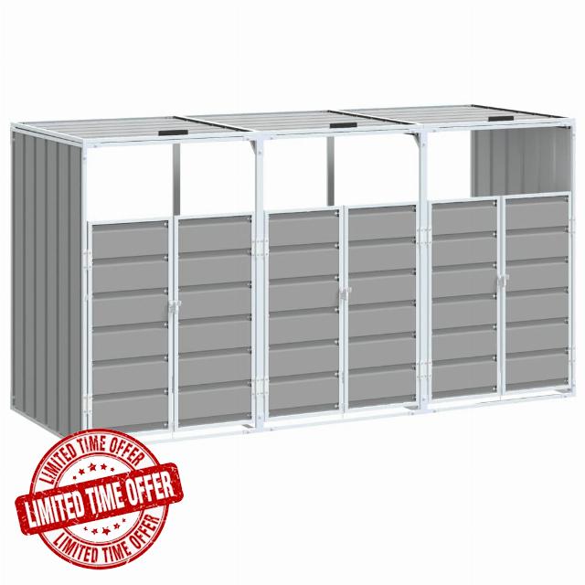 idaXL Wheelie Bin Storage for Triple Bins - Grey Powder-Coated Steel
