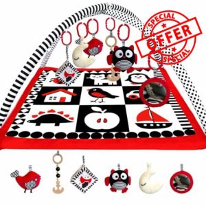 QUOKKA Padded Baby Mat for Floor Tummy Time - High Contrast Baby Kick and Play Mat - 6 Toys | Thick Pad | Machine Washable | Black White Red Colors for Vision Developme