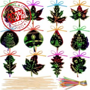 Qilery 120 Pcs Scratch Fall Leaves Colorful Scratch Leaves Rainbow Autumn Leaf Scratch Paper Art Craft Kits with Ribbons and Wooden Stylus for Thanksgiving Harvest Party Deco