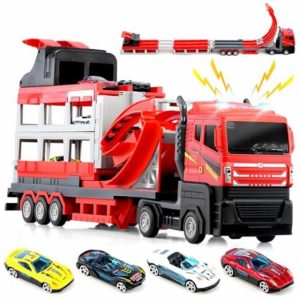 The Magic Toy Shop Transformable Catapult Truck Toy - Car Transporter With Toy Garage And Built In Competitive Car Track - Sounds