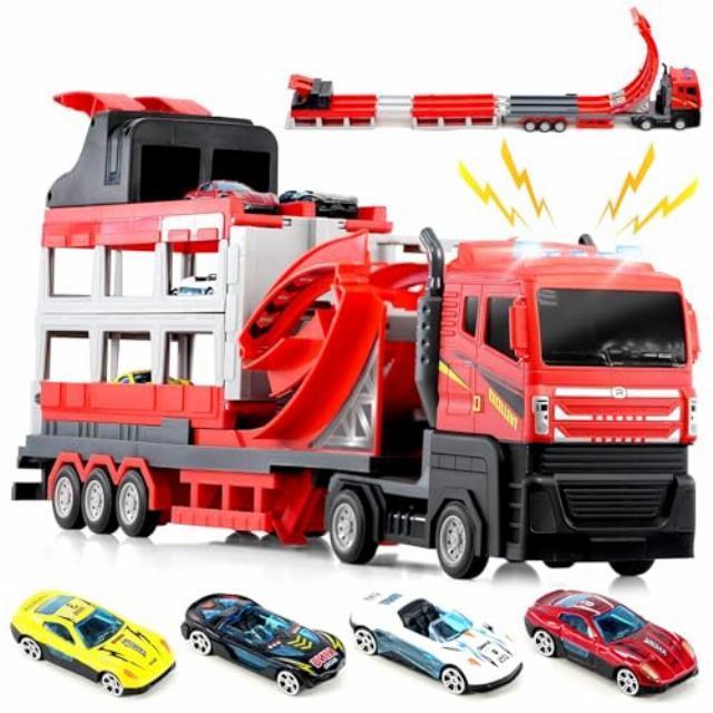 The Magic Toy Shop Transformable Catapult Truck Toy - Car Transporter With Toy Garage And Built In Competitive Car Track - Sounds