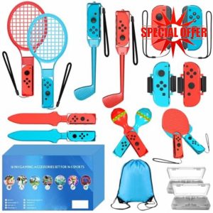 16-in-1 Compatible with Nintendo Switch Accessories Compatible with Switch Sports Game Tennis Racket Golf Table Tennis Wrist Leg Strap Sports Game Accessories Sets for Family/Friends Party Game