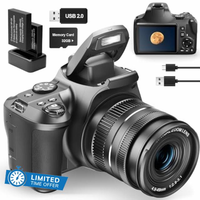 NBD 4K Digital Camera with 40X Zoom,64MP DSLR Camera for Photography Beginners,Autofocus 1080P HD Vlogging Camera with EIS,32GB SD Card,2 Batteries (W2)