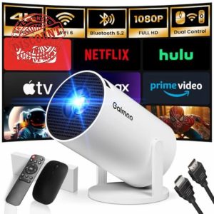 [Built-in App] Gaimoo Mini Projector 2024 Upgraded 1080P Native 4K Support Portable Projector Dual Control WiFi 6 BT5.2 180° Keystone HDMI/TV Stick/USB/PS5/Laptop with HDMI Cable & Mouse