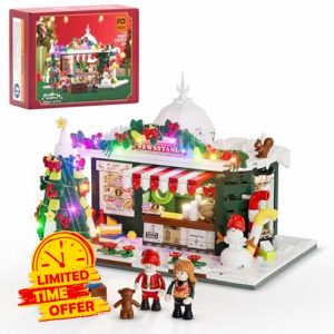 FUNWHOLE Christmas Newsstand Lighting Building-Bricks Set - City Town Christmas House LED Light Winter Decoration Modular Building Sets 718 Pcs Ideal Holiday Collectible for Adults and Family