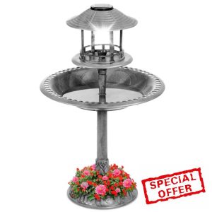 Gr8 Garden Grey Plastic Pedestal Free Standing Wild Bird Bath Outdoor Garden Feeder Feeding Table Station Plant Flower Planter Statue Ornament With Solar Power Lamp Ligh