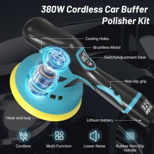 380W 125MM Cordless Car Buffer Polisher Machine Kit with 2pcs Batteries and 20PCS Attachments