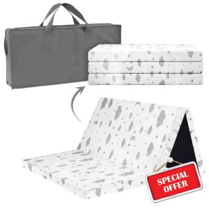 Trifold Travel Baby Mattress Topper 95 x 65cm – Soft & Breathable Portable Foam Crib Mattress for Travel & Pack 'n Play | Foldable