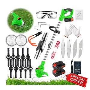 Metal Cordless Strimmers Electric with Blade Grass Trimmer with 2*Lithium Battery & Quick Change Spare Blades for Lawn Garden Pruning
