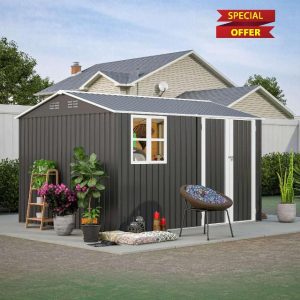 BIRCHTREE Garden Shed Steel Apex Roof House Outdoor Backyard Storage With Lockable Double Doors Window Free Foundation Tool Equipment Organizer Air Vents 10x8FT Anthracite