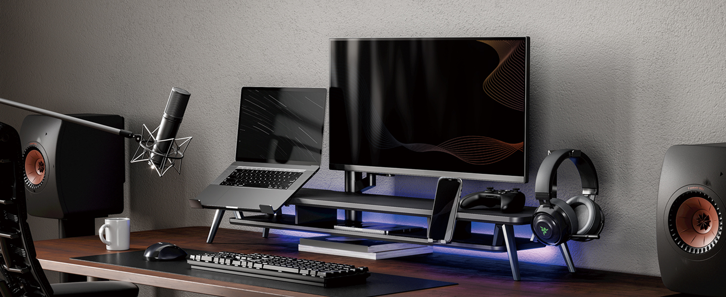 Dual Monitor Stand with Phone/Pad Holder Laptop Stand and Headphone Mount