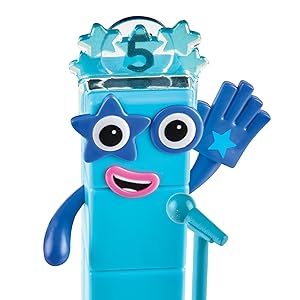 close up of numberblock five with a microphone and wearing a special crown