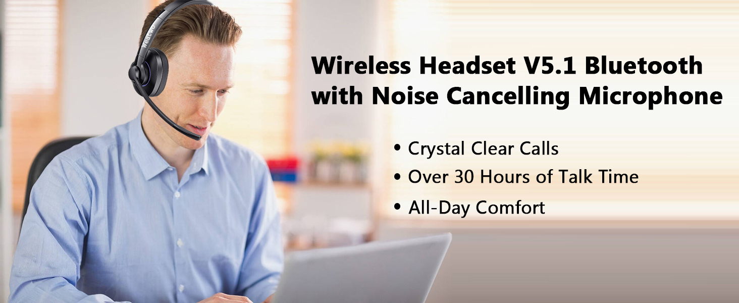 Wireless Headset V5.1 Bluetooth with Noise Cancelling Microphone