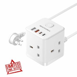 UK to US Plug Adaptor 3 Way 4 Fast Charging USB (QC3.0/PD20W) with 1.5M Extension Cable Compact Cube USA Travel Adapter for American