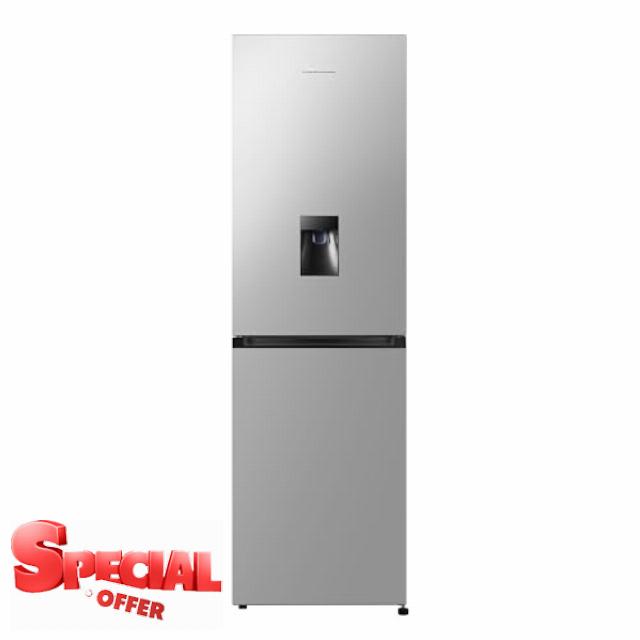 Fridgemaster MC55251DES 55cm Freestanding 256 litre 50/50 Frost Free Fridge Freezer with Non-plumbed Water Dispenser - LED Lighting- 4 Star Freezer Rating -Silver - E Rated