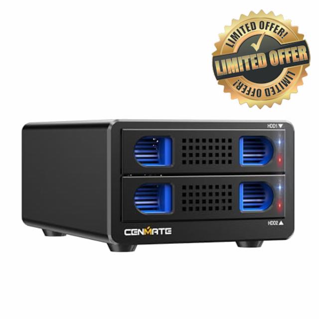 CENMATE Aluminum Dual Bay Hard Drive Enclosure with Cooling Fan for 2.5“/3.5" SATA HDD/SSD with USB A/C 3.0