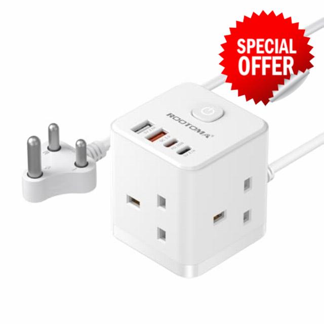 South Africa Plug Adapter with 1.5M Extension Cable 3 Way 4 Fast Charging USB (QC3.0/PD20W) Compact Cube Power Adapter for UK to South Africa