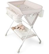 GYMAX Folding Baby Changing Table with Bathtub, Portable Newborn Bath Table and Dresser Unit with...