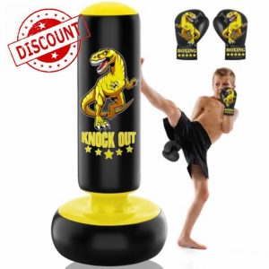 JUOIFIP Kids Boxing Bag - 160 cm Freestanding Punching Bag Set with Boxing Gloves - Ferocious Dinosaur Sports inflatable kickboxing bag for Training Karate Taekwondo MMA- Yellow