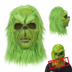 Christmas Greench Mask Furry Gloves Hat Green Big Monster Latex Full Head Mask Christmas Halloween Carnival Cosplay Costume Props Fancy Dress Mask for Adults
