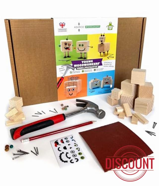 Young Woodworkers' Hammer & Nails Project Kit - Educational Construction Set for Kids with Pine Blocks