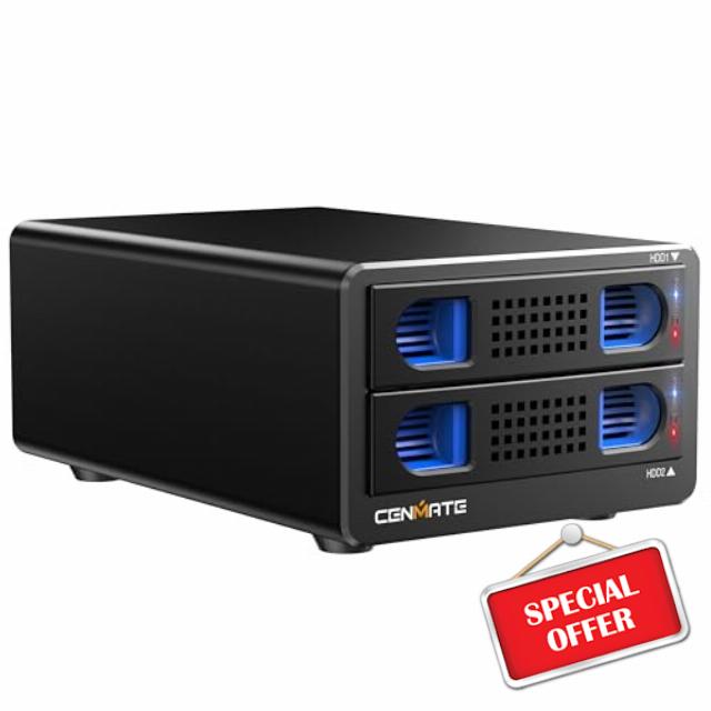 Cenmate 2 Bay 3.5 inch Hard Drive Aluminum Enclosure with Cooling Fan for 2.5"/3.5" SATA HDD/SSD with USB 3.2 Gen 2 10Gbps Type C /A Cable