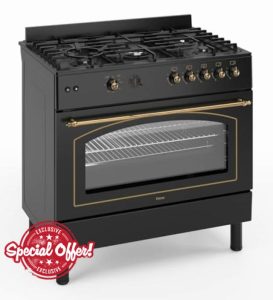 Ferre F9H50GF-BL-RETRO 90cm Gas Range Cooker With Double Turbo Fan & 5 Burner(1 Wok) Gas Hob - Black            [Energy Class A]