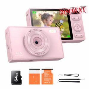 64GB Digital Camera for Kids: 48MP Anti-Shake Camera Photography Vlogging Camera for YouTube 16X Digital Zoom Photo Filtration Continuous Shooting Self-Timer Autofocus Compact Camera