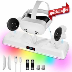 LYtech Charging Dock for Meta Quest 3S VR Charging Dock Stand for for Oculus/Meta Quest 3S Magnetic Charging Station for VR Headset & Controllers Quest 3S Accessories with RGB 2 Rechargeable Batteries