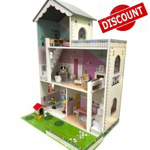 Jumini Wooden 3-Storey Dolls House – Stylish Open-Plan Dollhouse with Furniture