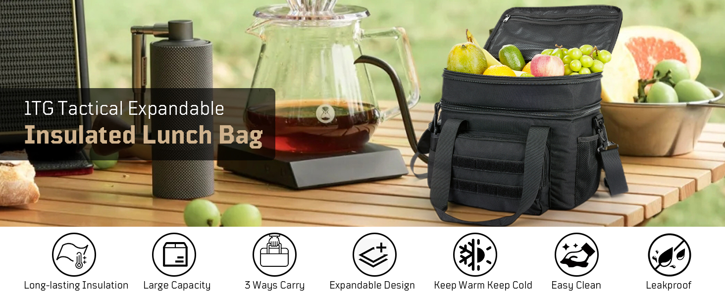 1TG Tactical Insulated Lunch Bag, Expandable Lunch Box for Men, Leakproof Large Cool Bag