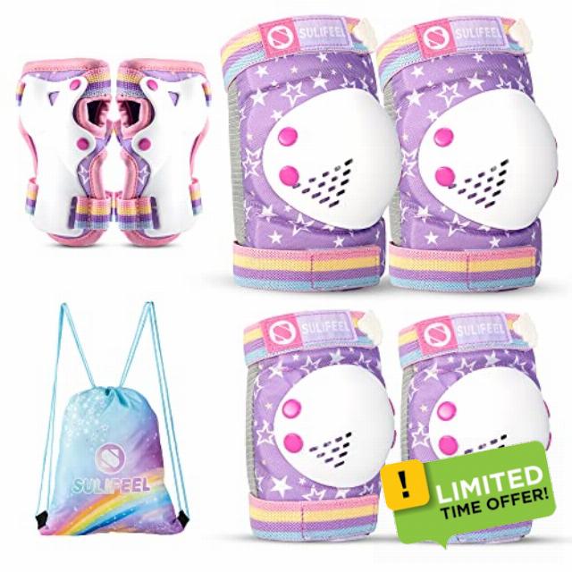SULIFEEL Shiny Knee Pads for Kids Knee Elbow Pads Wrist Guards for Girls Boys Adjustable Protective Gear Set with Drawstring Bag Rainbow Unico