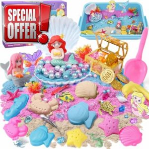 amei Play Sand for Kids Mermaid Toys Mermaid Sandbox Kit with 900g Magic Sand &Sea Animals Figures &Shell &Treasure Chest & Sensory Toys Christmas Birthday Gift for Girl Toddler Ages 3 4 5 6 7 8