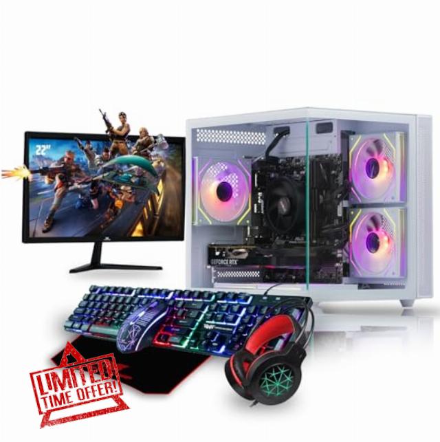 Veno Scorp Gaming PC Bundle Intel Core i7 6th Gen RTX 3050 8GB Graphics Card - 16GB 3200MHz Ram - 1TB NVMe SSD - 550W PSU - Windows 11 - WiFi - 22" Refurb Monitor - 4in1 Bundle - Mini Nem 3 White