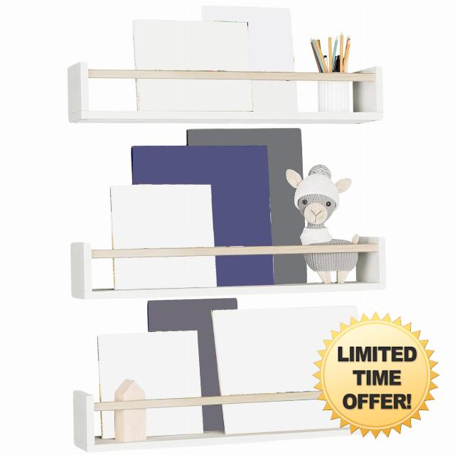 Nursery Shelves 3PCS Nursery Shelves for Wall Sturdy Wood Wall Mounted Bookshelf Storage White