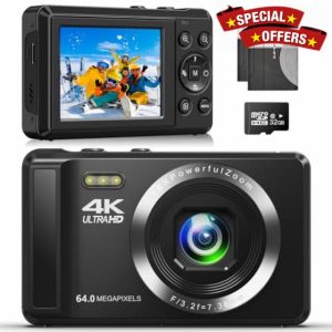4K 64MP Digital Camera - Autofocus UHD Compact Camera - Rechargeable Vlogging Camera with 32GB Card & 2 Batteries